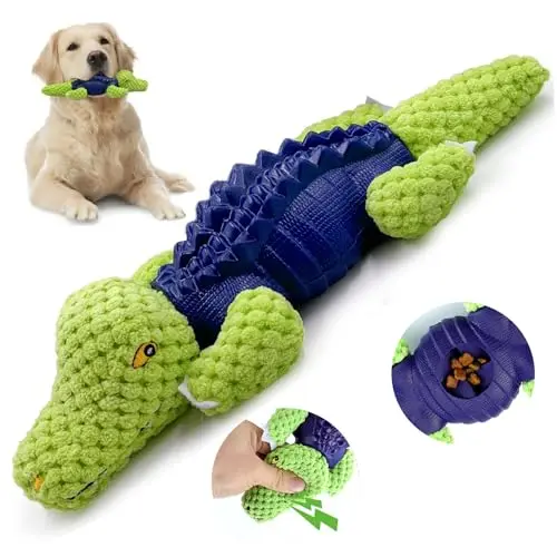 VEQLY green alligator-shaped dog chew toy with plush and rubber elements