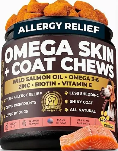 Pup Choice Omega 3 and 6 dog chews in a jar with salmon flavor