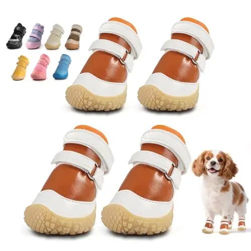 JZXOIVA brown and white dog shoes with adjustable straps for small breed paw protection