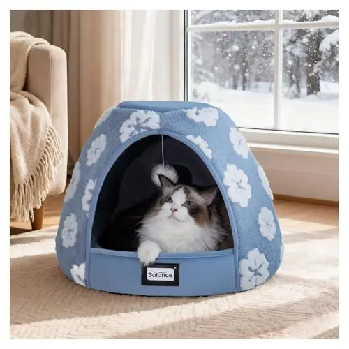 BALANCE blue cat bed tent with a jacquard pattern and hanging toy ball
