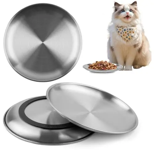 Mkobon set of three stainless steel shallow cat bowls with removable silicone rings