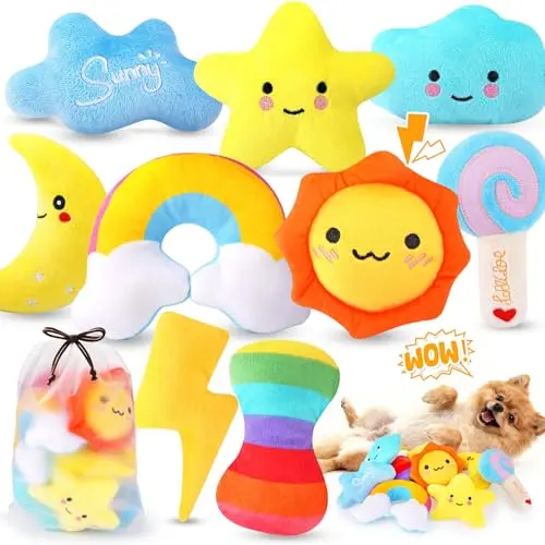 KIPRITII 9-pack of whimsical plush dog toys with weather-themed designs
