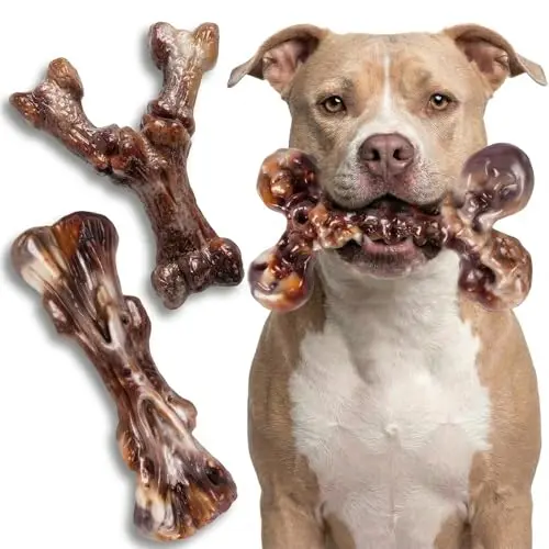 A set of three brown, bacon-flavored nylon dog chew bones.