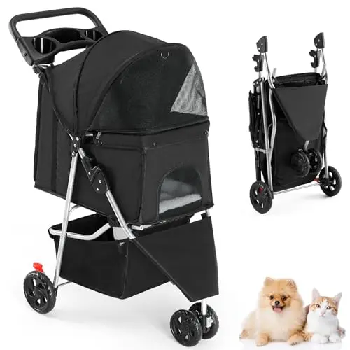 Smug lightweight 3-wheel pet stroller for small cats and dogs, shown in black
