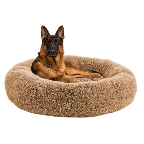 URGVANZ PET brown XX-Large round fluffy dog bed with a raised rim for anxiety relief