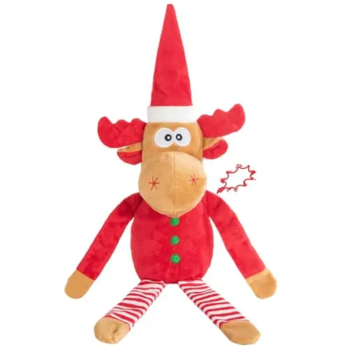 Pubialo red reindeer plush dog toy wearing a Santa hat with crinkle paper details