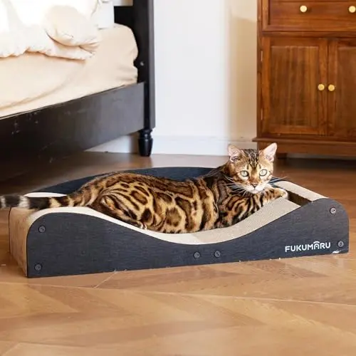 FUKUMARU extra-long black cardboard cat scratcher lounger with a felt tunnel