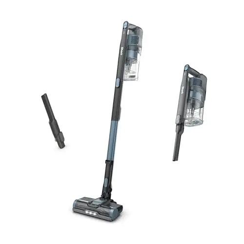 Shark Pet cordless stick vacuum in ice blue, standing on its own
