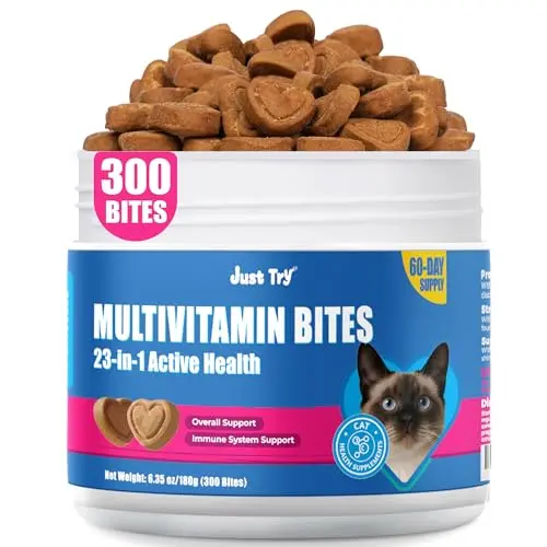 Just Try 23-in-1 Cat Vitamin Treats jar with chicken-flavored chews