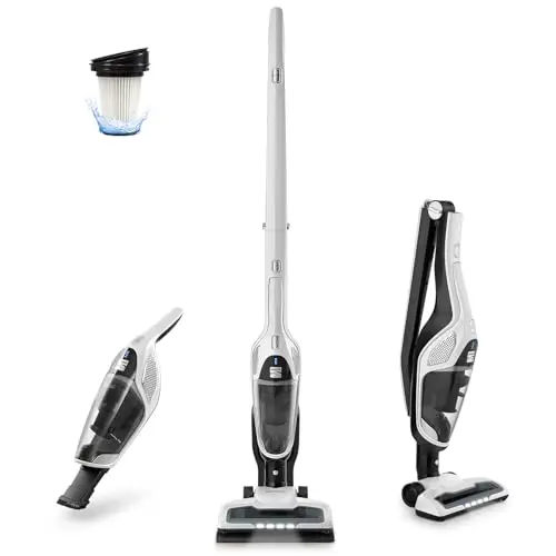 Kenmore DS2000 white cordless vacuum with foldable handle for compact storage.