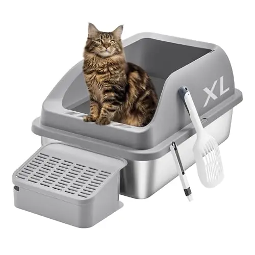 Feandrea stainless steel litter box with step, scoop, and brush