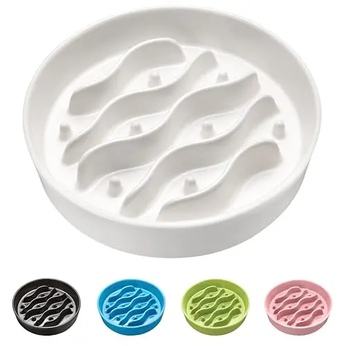 MOPANG white ceramic slow feeder bowl with maze pattern and silicone pads