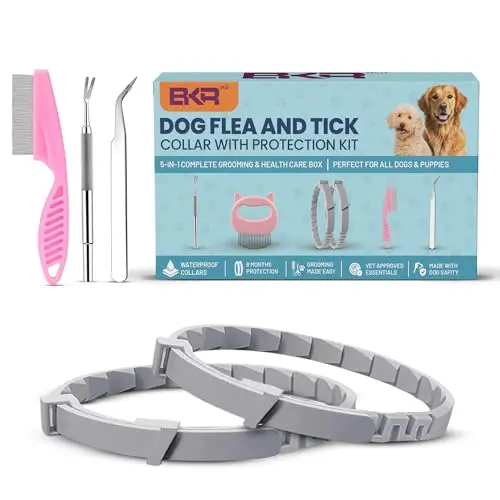 BKRMART 5-in-1 dog flea collar kit including collars, a flea comb, shell comb, and tick tools
