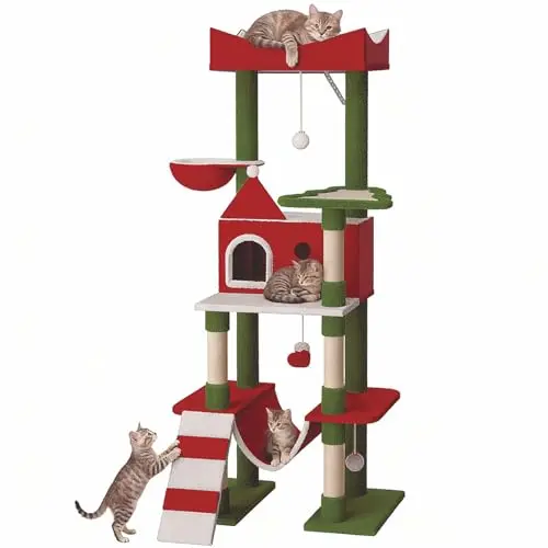 STILLCOVE 63-inch red, white, and green Christmas cat tower with hammock, ladder, and multiple toys.