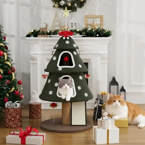 STILLCOVE 53-inch green Christmas cat tree with DIY snowflake and bell decorations.