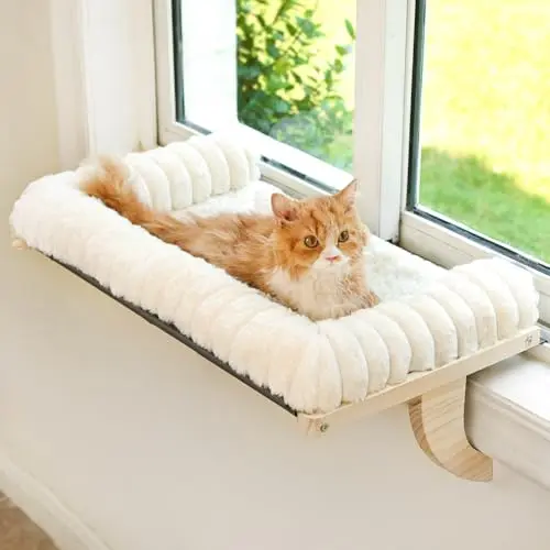 valigogo white cat window perch with a zippered faux fur bed on a wood and metal frame