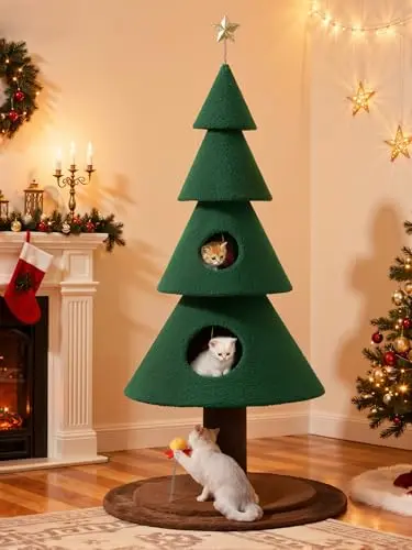 YITAHOME 60-inch green Christmas cat tree with two large condos and a flower teaser toy.