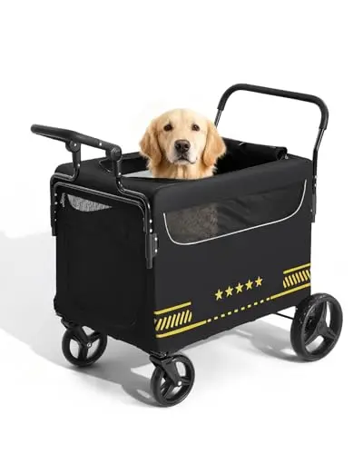 LINCAE All Terrain Pet Stroller for large dogs with a ramp, shown folded and unfolded