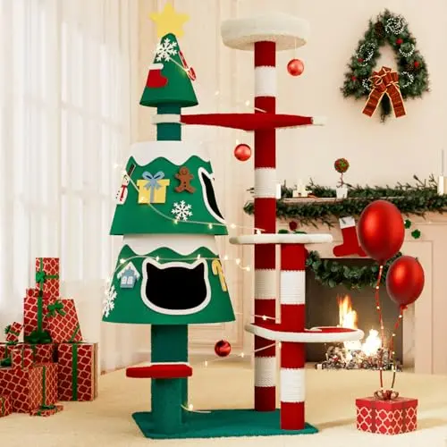 YARUOMY red, green, and white Christmas cat tower with two condos, DIY stickers, and string lights.