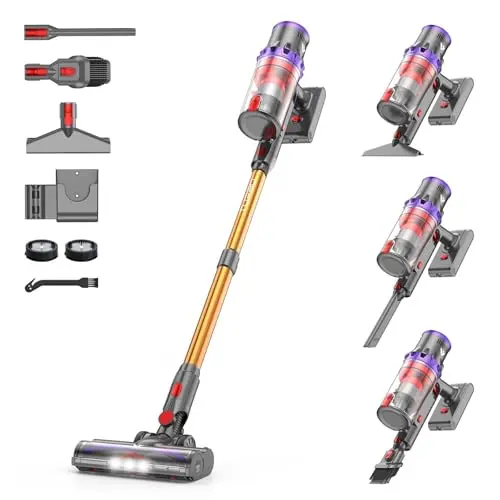 Coovy SU7 gold cordless stick vacuum with interactive LED touch screen displayed.