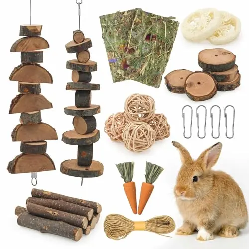 MATAFAT 30 Pcs DIY Rabbit Chew Toys Kit with apple wood and loofah