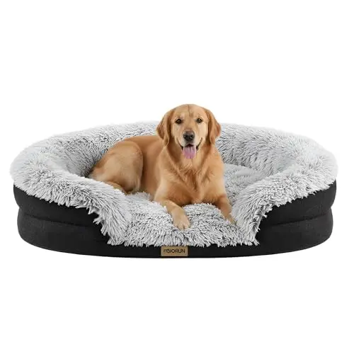 Miorun fluffy oval dog bed in gray with curved bolster support