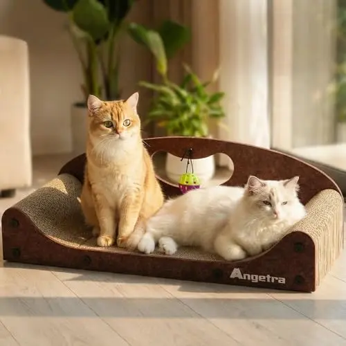 ANGETRA brown cardboard cat scratcher couch with a built-in elastic ball toy
