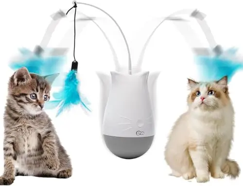 DOEL white automatic rotating tumbler cat toy with a purple feather wand