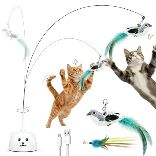 CATPICK automatic flying bird cat toy with a suction cup base stuck to a window