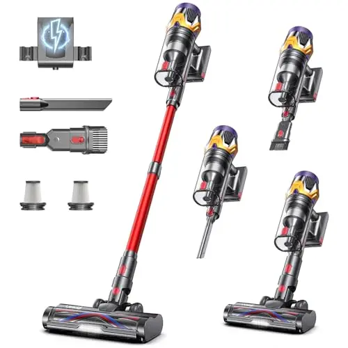 Uosogi X9 Turbo cordless stick vacuum in red with standing design and touch screen