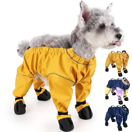 PurrHug yellow and blue dog suspender boots with belly cover