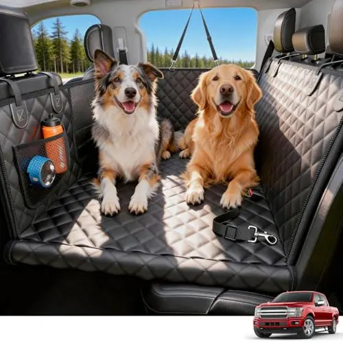Wigoo XL size hard bottom dog hammock with mesh window installed in an SUV.