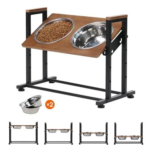 WALNEST adjustable pet feeder stand with bamboo top and stainless steel bowls
