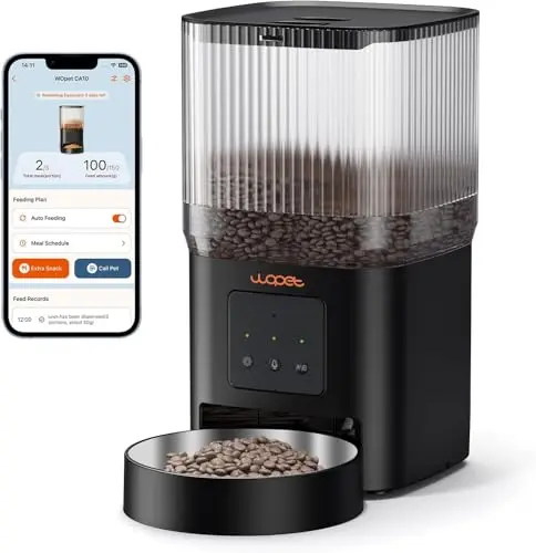 WOPET automatic cat feeder with 5G WiFi app control, slow feeding mode, and 4L capacity for remote pet care