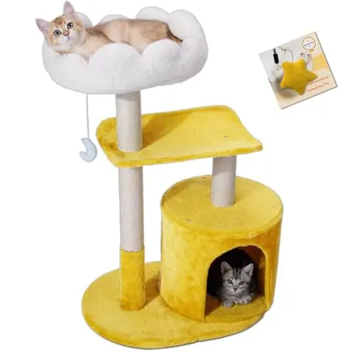 Happi N Pets 33-inch white cloud-themed cat tree with a padded bed and condo