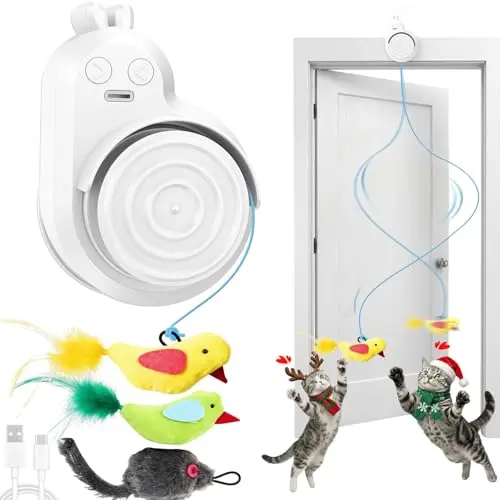 Catpick automatic white snail-shaped cat toy that hangs a feather or mouse attachment