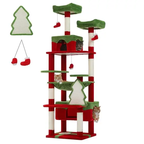 PAWZ Road 72-inch tall red and green cat tree with gift-box base, large condo, and hammock.
