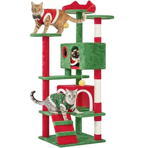 YAHEETECH 54-inch compact Christmas cat tree with kitten-ear perches and dangling toys.