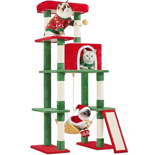 YAHEETECH 63-inch red and green Christmas cat tree with cozy condo, hammock, and multiple scratching posts.