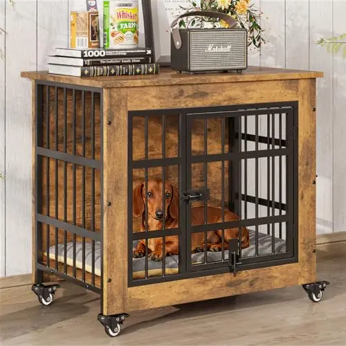 Brown wooden dog crate furniture with wheels and cushion for small dogs