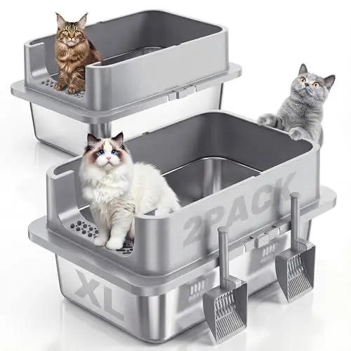Jotesnew 2 Pack XL Stainless Steel Cat Litter Box with secure lid