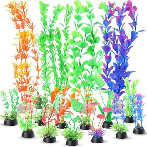 NINSULA 16-piece set of colorful artificial aquarium plants including green, pink, and purple varieties