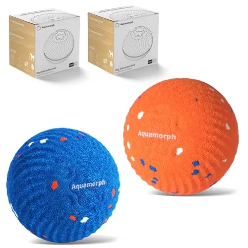 Aquamorph 2-pack interactive dog balls in blue and orange ripple pattern