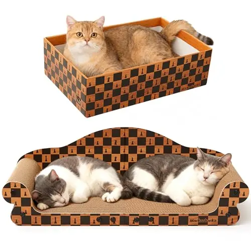 MARKARBARKA dual-function cat scratcher with a sofa and a separate cardboard house