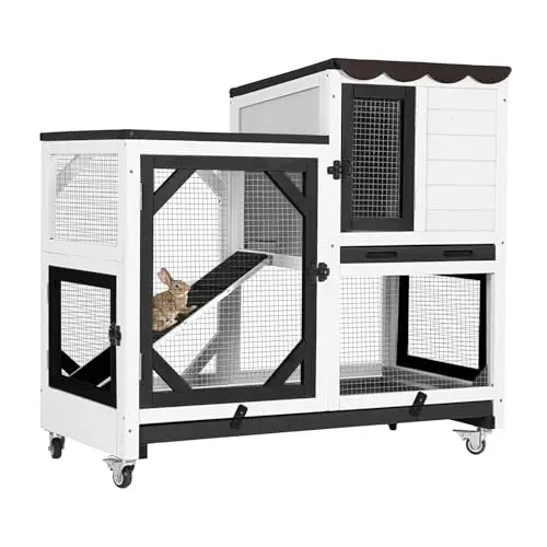 GUTINNEEN white wooden rabbit hutch with wheels and a tarp roof