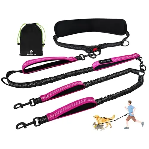 LEOSASA fuchsia hands-free double dog leash with waist belt and bungee