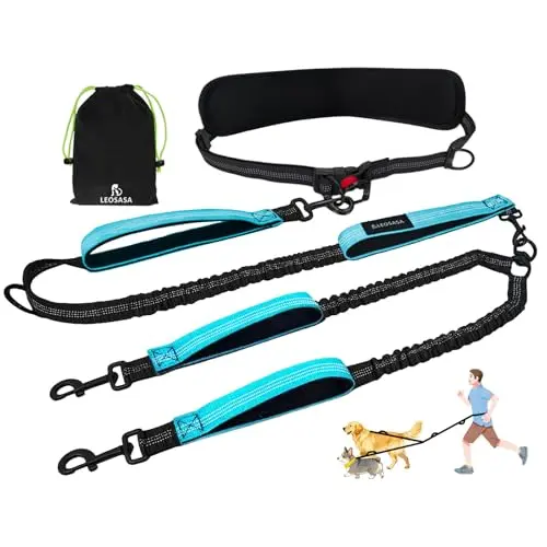 LEOSASA blue hands-free double dog leash with bungee and traffic handle