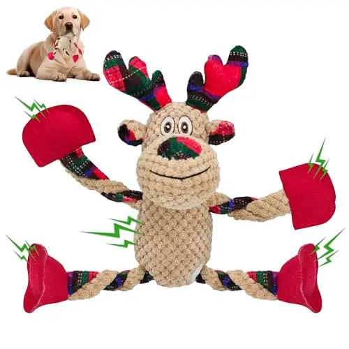 Qiiiiian red elk plush dog toy with a spring in the middle for stretching