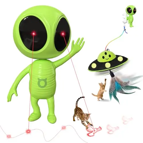 KIWILOVE green alien-shaped automatic laser cat toy with dangling catnip UFO