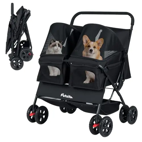 PETSITE double pet stroller with adjustable canopy and storage basket in black